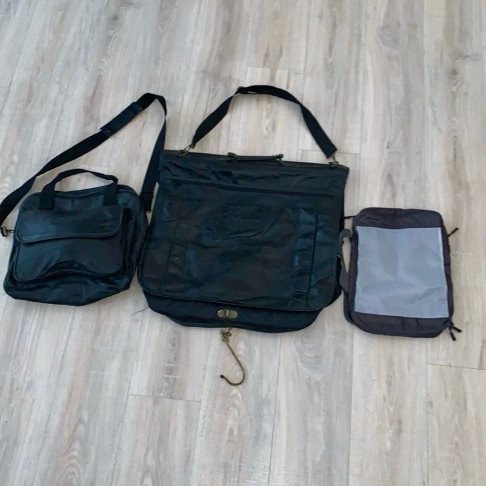 Cellini vintage black leather luggage bag & hanging garment bag bundle